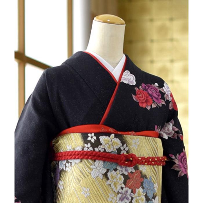 黒ラメ入り紅白ローズ 身長 157cm〜172m位 レンタル 訪問着 結婚式