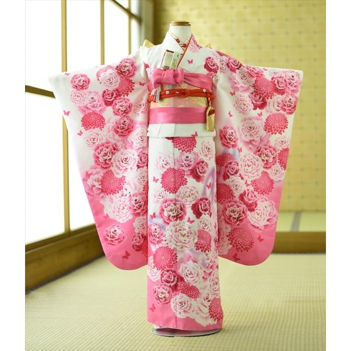 七五三 女の子 着物 レンタル 7歳 白地ピンクばら 身長120cm前後☆簡単