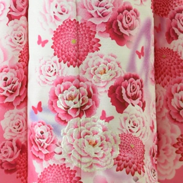 七五三 女の子 着物 レンタル 7歳 白地ピンクばら 身長120cm前後☆簡単