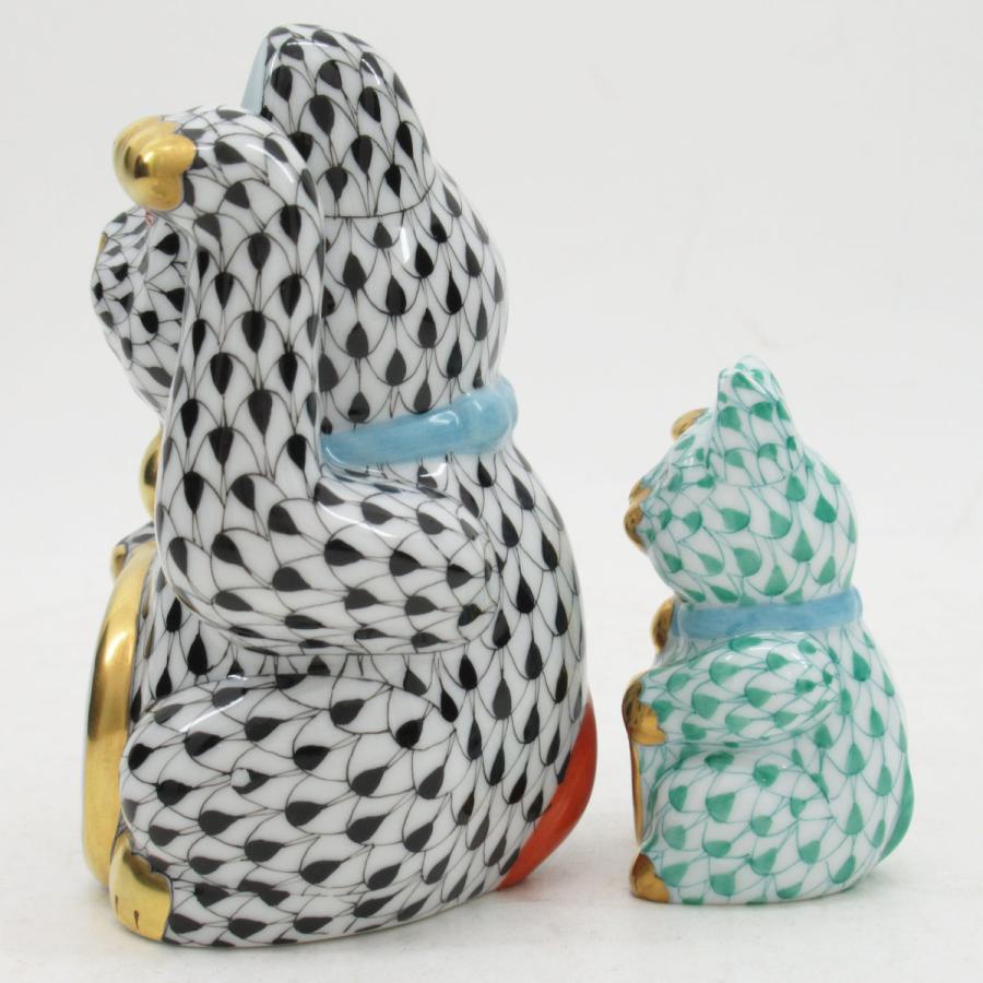 ヘレンド（HEREND） 招き猫 グリーン＆ブラック 開運 フィギュリン 計2