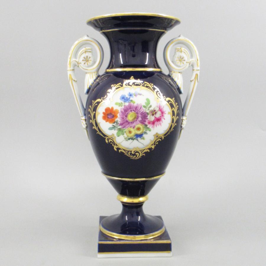 マイセン 金彩コバルト 五つ花 花瓶 両面花絵付 フラワーベース 陶器