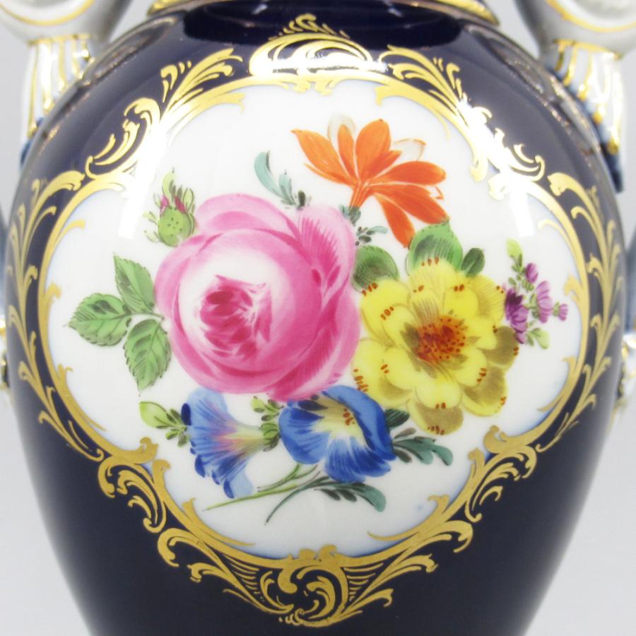 マイセン 金彩コバルト 五つ花 花瓶 両面花絵付 フラワーベース 陶器