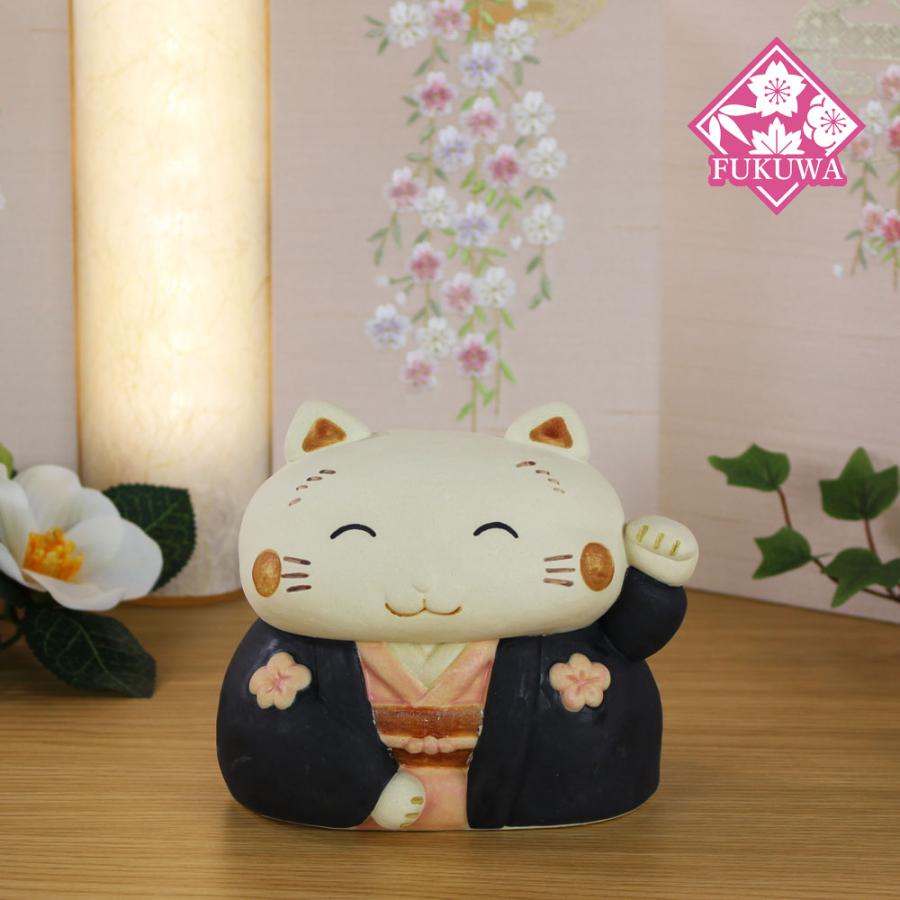 猫 置物 日本製 常滑焼 開運 縁起物 宮崎工房(招きお多福さんO-281