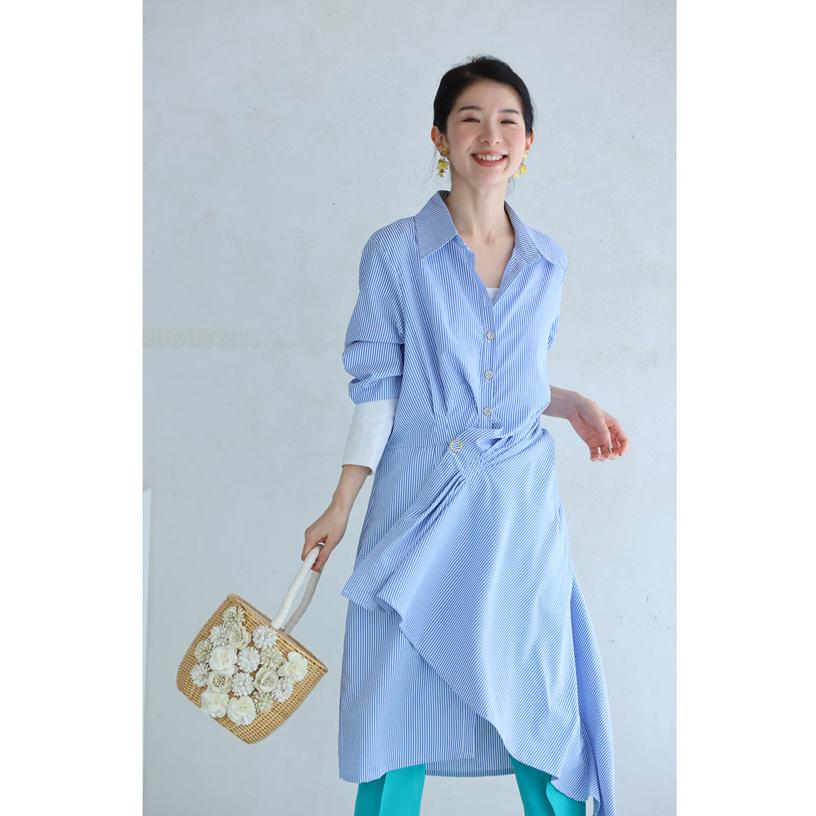 SからL対応 爽やかな風になびくアシンメトリードレープのシャツ