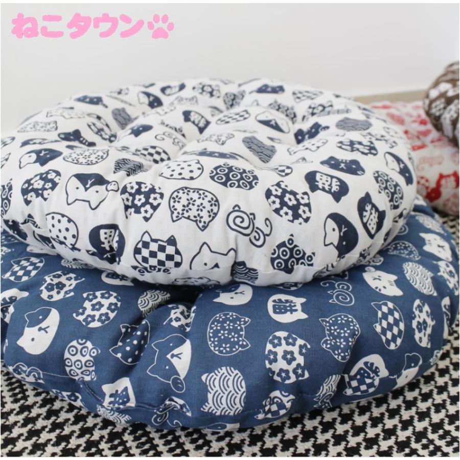 猫柄グッズ 円形クッション 猫クッション 丸型 ネコ 座布団 紺 50cm L