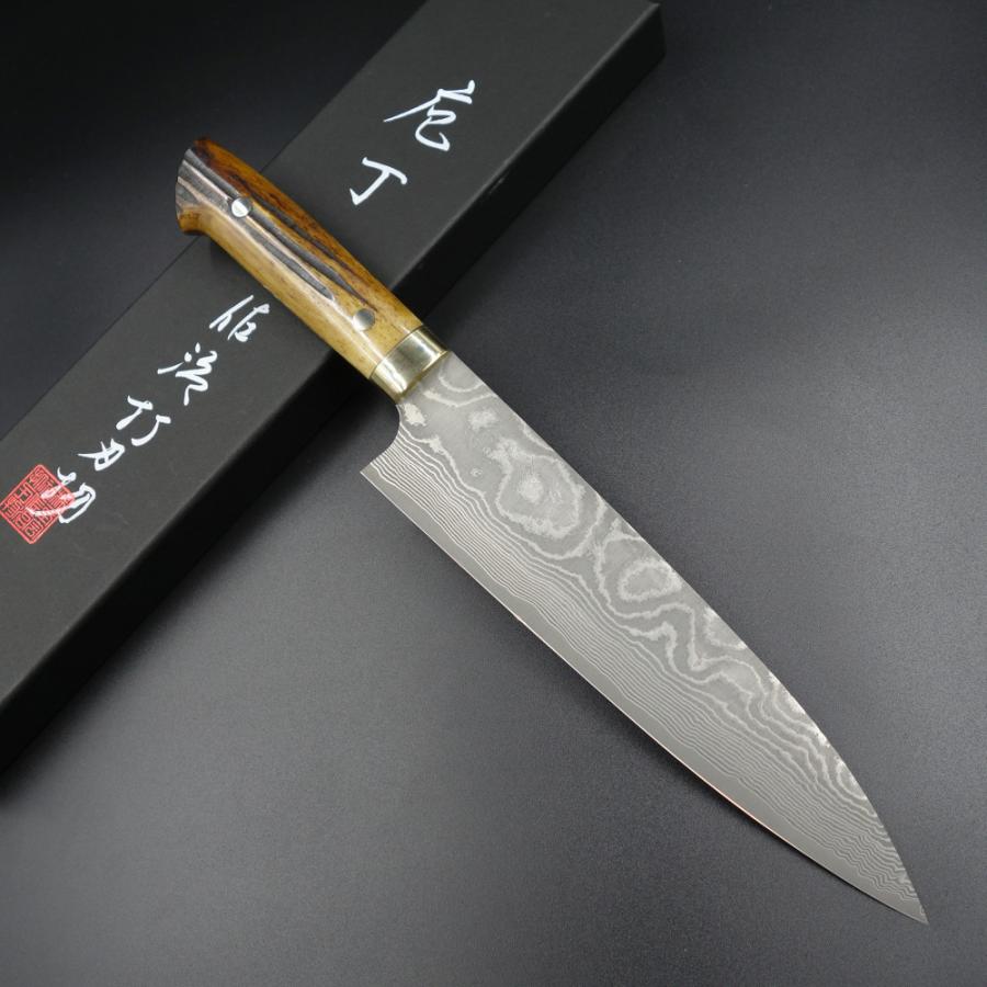 佐治作 包丁 牛刀 VG10 黒染めダマスカス 210mm 黄鹿角柄 越前打刃物