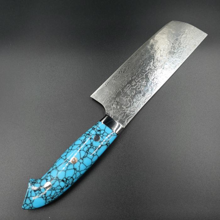 佐治作 包丁 菜切 R2 粉末ハイス鋼 ダマスカス 165mm 青 ターコイズ