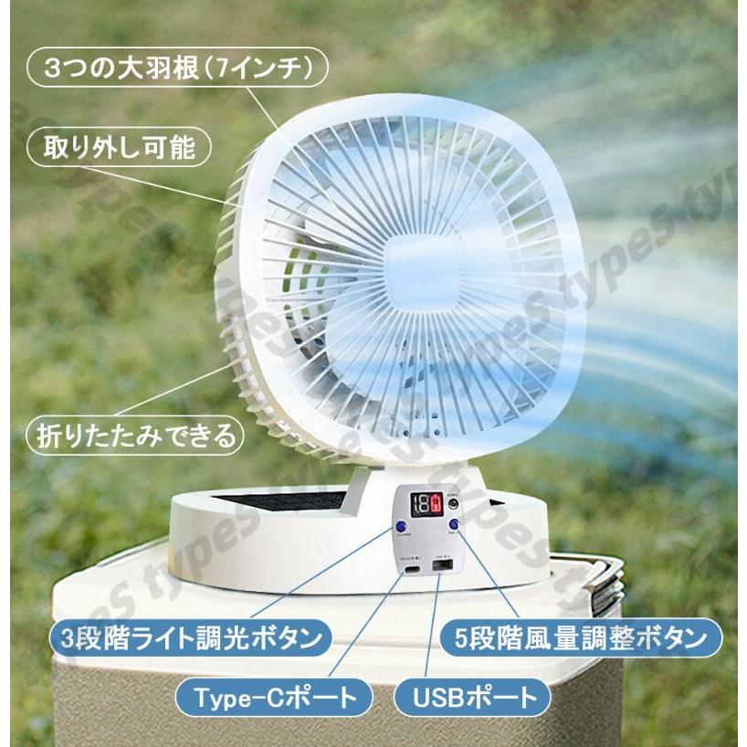 ソーラー扇風機 アウトドア 扇風機 キャンプ 5段階風量 調光3段階LED