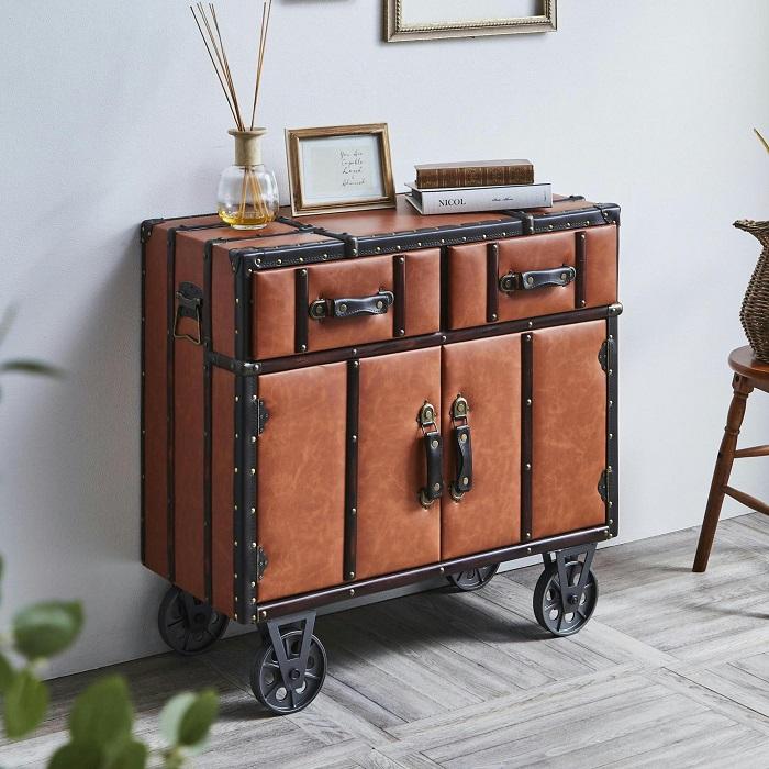 キャビネット 収納 80 車輪 キャスター付き 合皮 レザー アンティーク