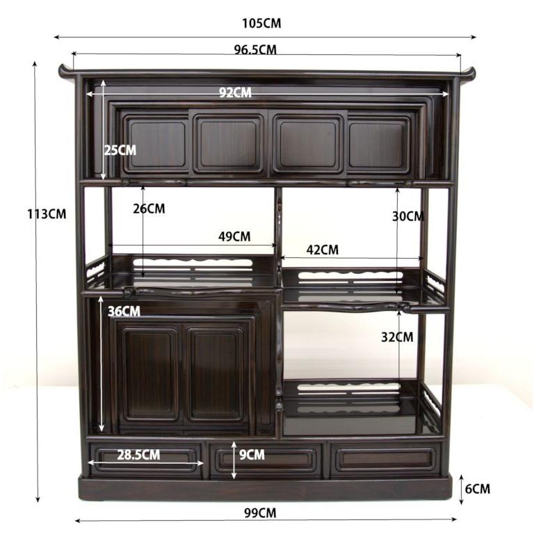 受注生産品 飾り棚 紫檀 6枚戸3.8尺棚 松彫り 漆仕上げ 唐木 茶棚 唐木