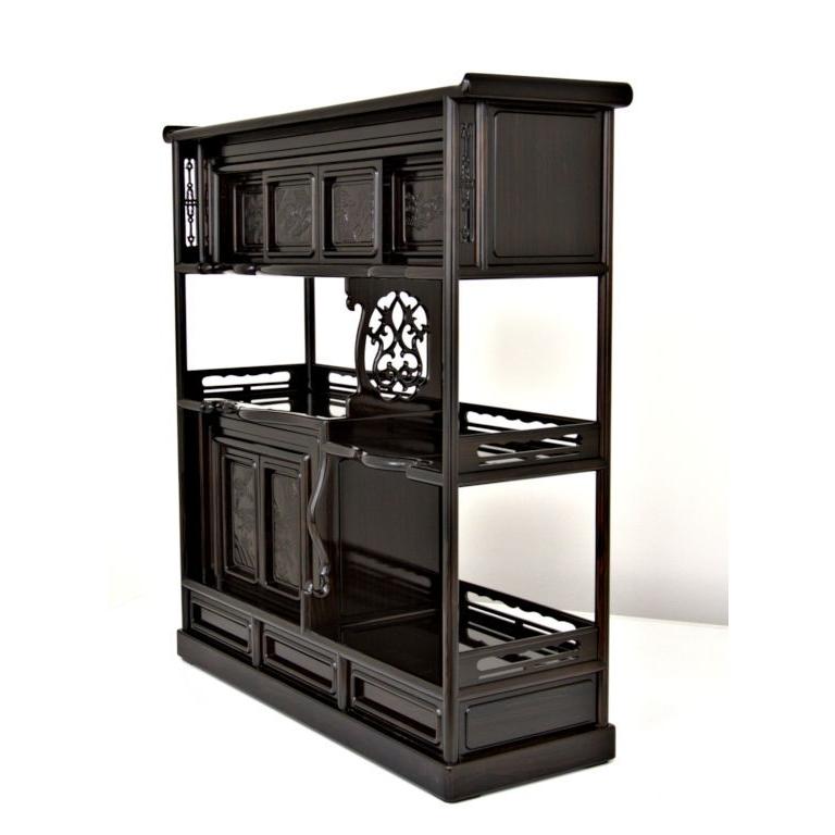 受注生産品 飾り棚 紫檀 6枚戸3.8尺棚 松彫り 漆仕上げ 唐木 茶棚 唐木