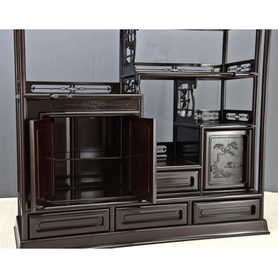 仕上げ直し完成品 飾り棚 唐木 紫檀 茶棚 台湾製品 7枚戸彫り 3.8尺