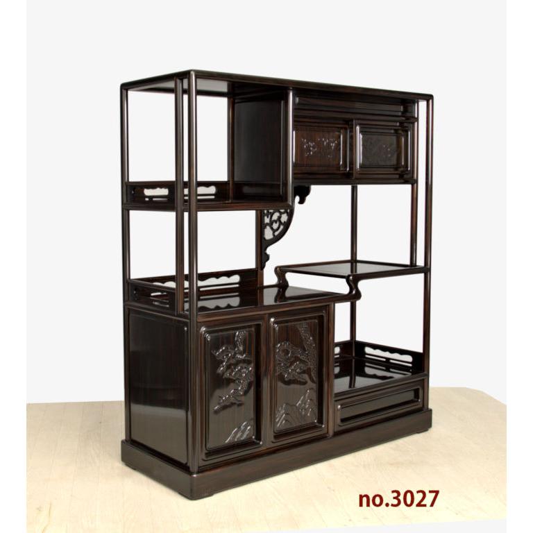 在庫新品 唐木 飾り棚 黒檀 彫り入り 隅丸4枚戸 巾93cm 唐木家具 no