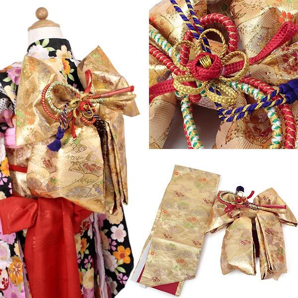 七五三 作り帯 7歳 帯 桜 花 手毬 黒 金 赤 緑 ピンク 白 飾り紐付き