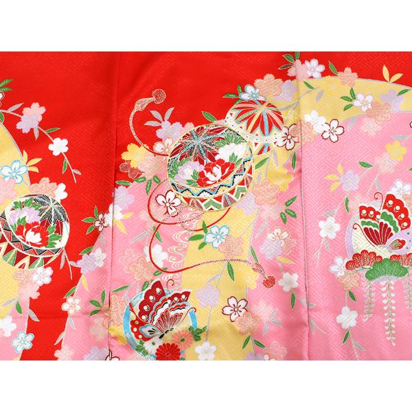 お宮参り 産着 女の子 赤 鞠 蝶 着物 長襦袢 セット 古典 七五三 3歳