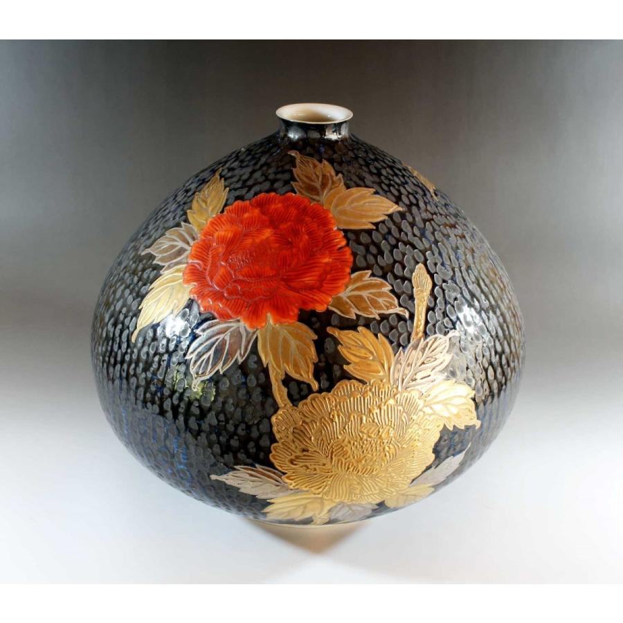 鉄釉金プラチナ彩牡丹絵飾り花瓶｜有田焼 陶芸作家 藤井錦彩作