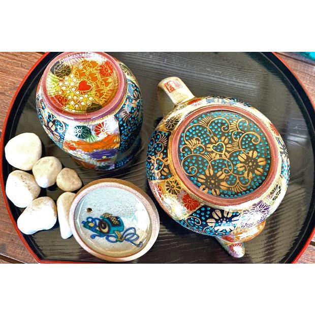 九谷焼 高級 陶磁器 急須2点セット 小 金花詰 青粒 傑作 裏絵(Kutani