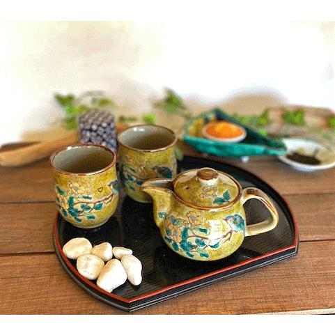 九谷焼 高級 陶磁器 急須3点セット 小 黄塗り金糸梅に鳥 裏絵(Kutani