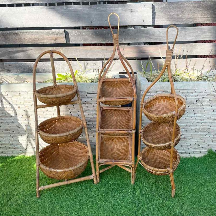 ラタン 3段 シェルフ コーナーラック H80cm 竹製品 バンブーインテリア