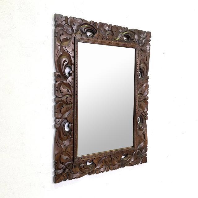 鏡 壁掛け ウォールミラー 木彫りフレーム 透かし H75 W55 バリ彫刻