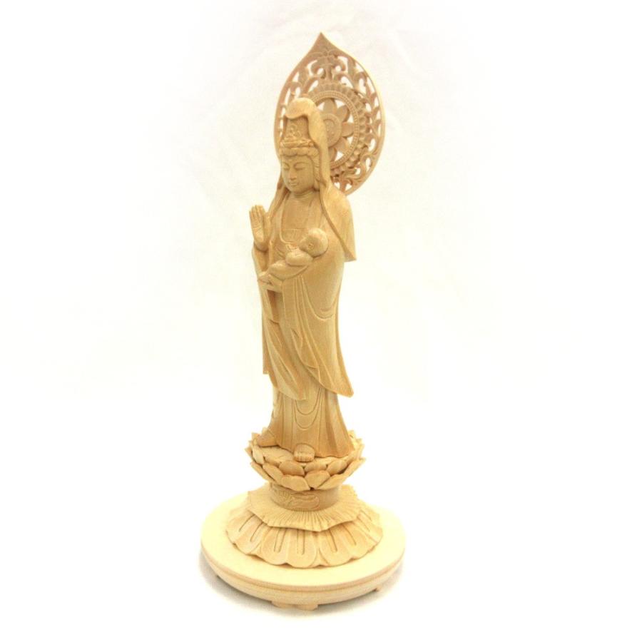 仏像 慈母観音菩薩 立像 総高29cm 宝珠光背 円台 桧木 子安観音 子育て