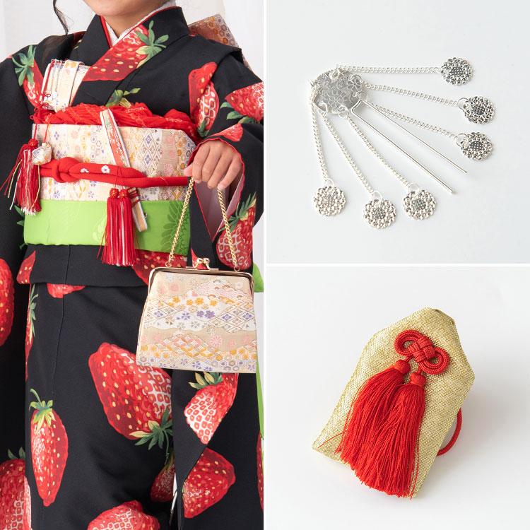 七五三 7歳女の子用 筥迫/箱せこ(はこせこ)6点セット 金襴 全6色 黒/赤