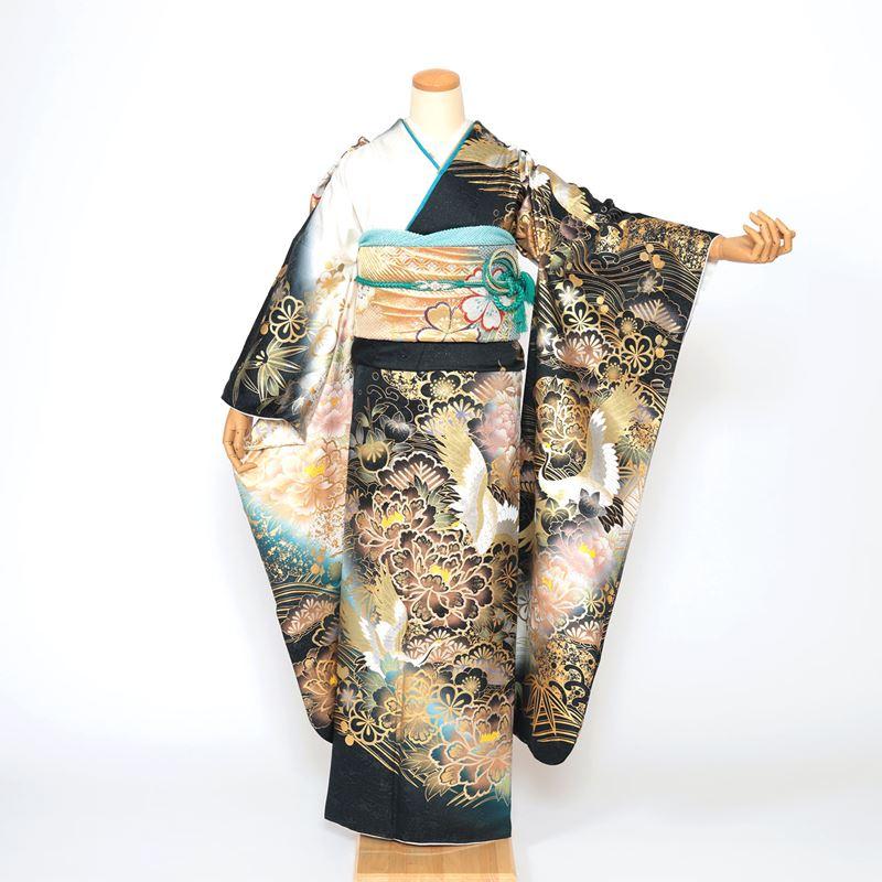 振袖レンタル 成人式 フルセット 1月 振袖 レンタル 黒 ブラック 金 鶴