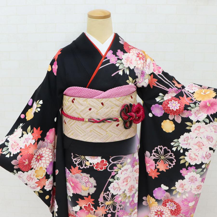 振袖 中古 販売 フルセット 正絹 一式 高身長 トールサイズ 黒 格安