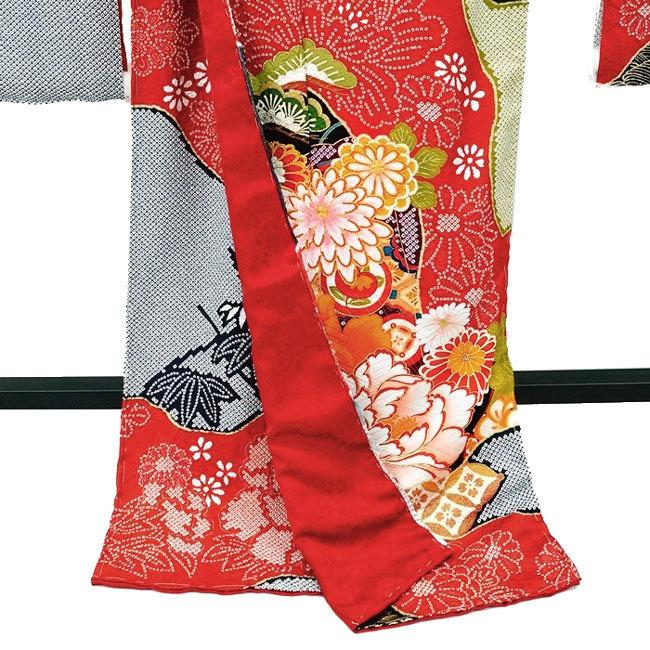 セール＞仕立付 総絞り 古典柄 正絹総絞り振袖 単品 刺繍入り f-034 赤