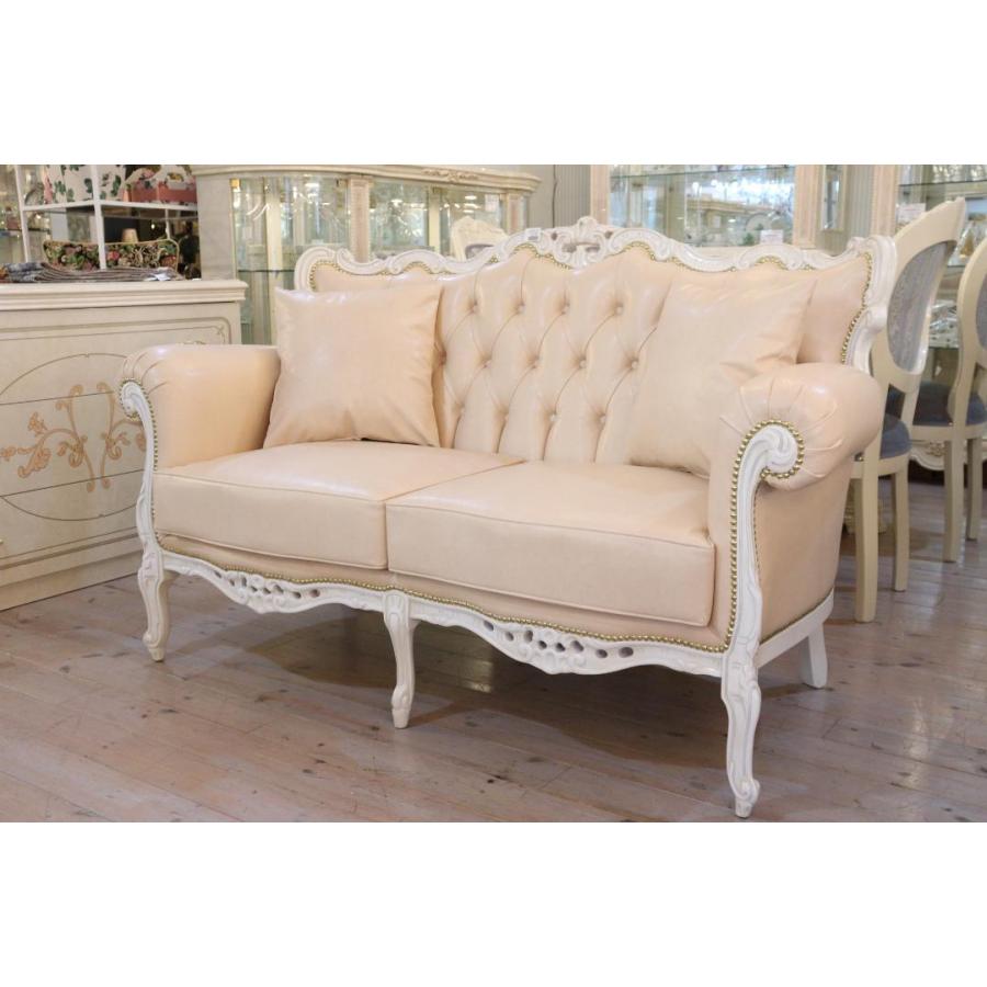 イタリア 2人掛け ソファ ピンクレザー 合皮 ホワイト 猫脚 2人用 2P