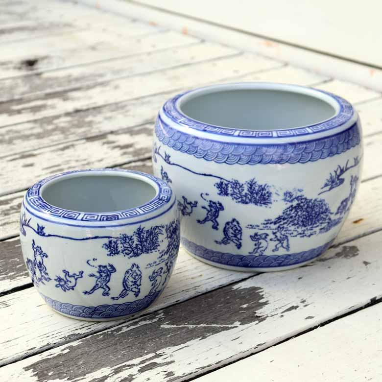 水鉢 陶器 鳥獣戯画 5号 ミニ火鉢 鉢カバー プランターカバー