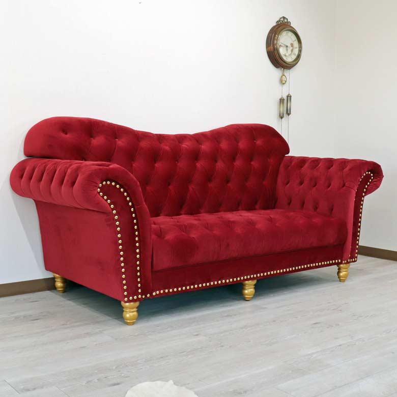 3Pソファ ハイバック ベロア レッド 3人がけ 応接室用 背もたれ着脱式