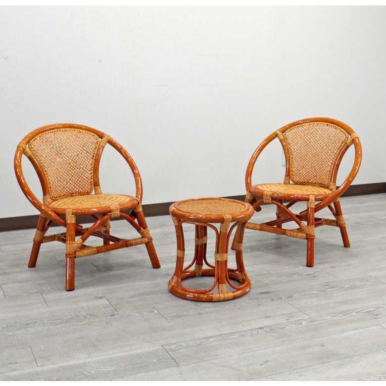 ラタン テーブル3点セット コンパクト テーブル チェア : インテリア