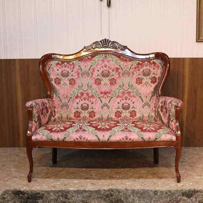 イタリア 二人がけソファー 猫脚 金華山織り ピンク 木製 完成品 イス