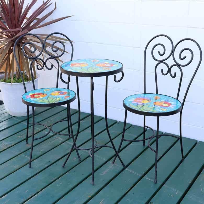 イタリア テーブルセット 魚・グリーン ガーデンテーブル チェア 3点