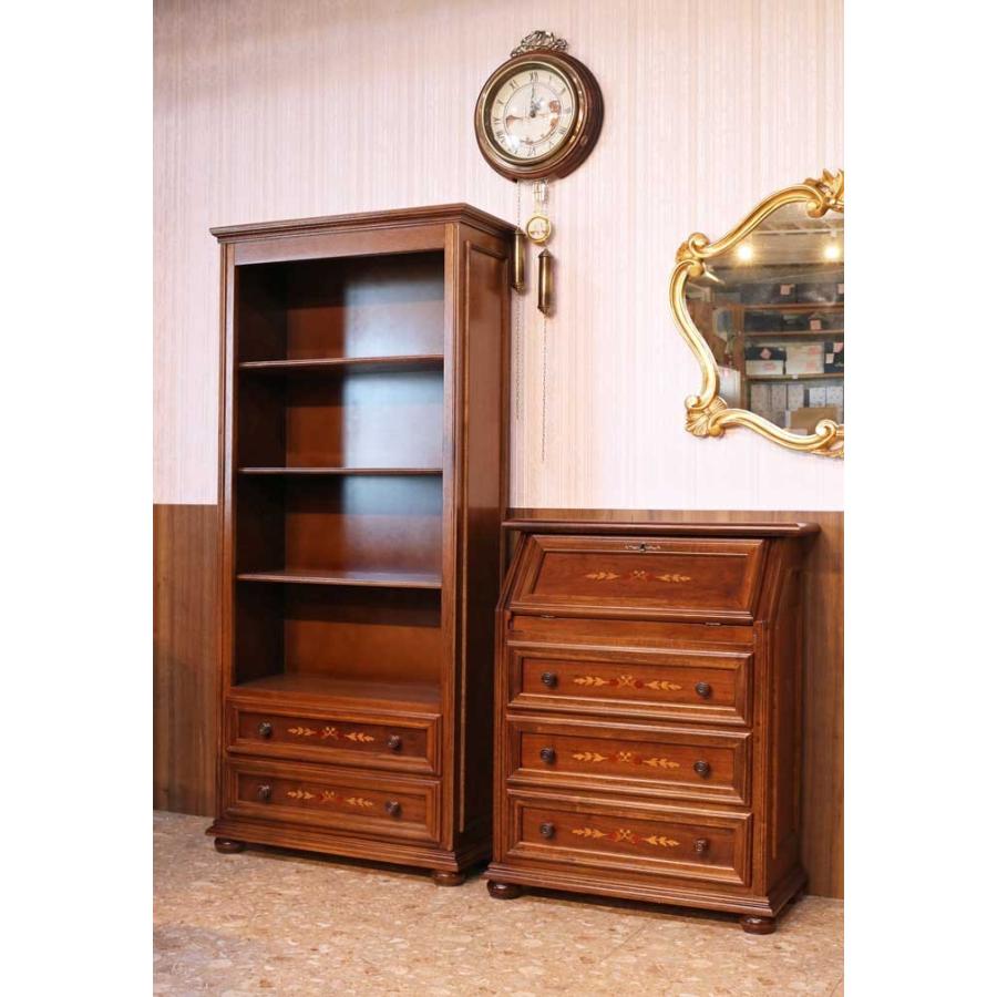 イタリア ブックケース 本棚 茶 象嵌 オープンキャビネット 丸脚 完成
