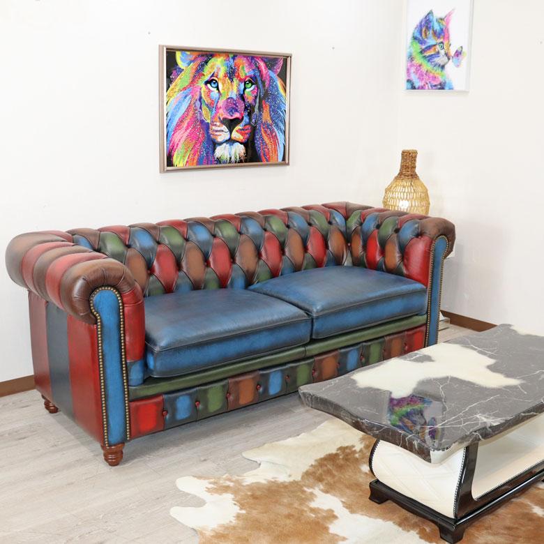 パッチワーク ソファ 3Pソファ チェスターフィールド調 革張り