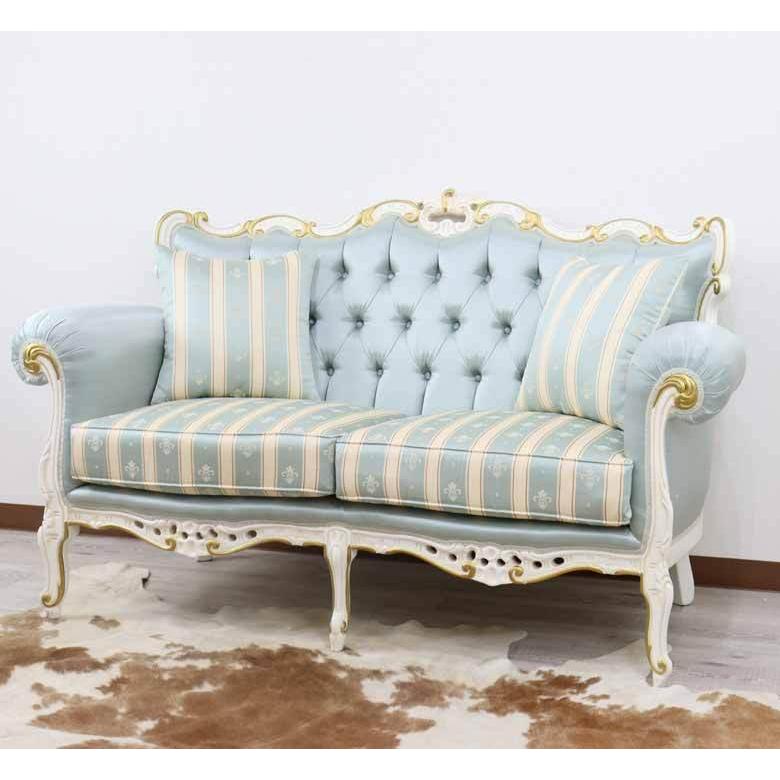 イタリア 2Pソファ ターコイズブルー 二人掛け ソファ 白家具 猫脚