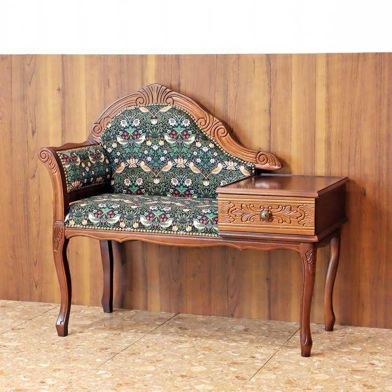 テレフォンベンチ おしゃれ いちご泥棒 グリーン 木製 ベンチ 猫脚