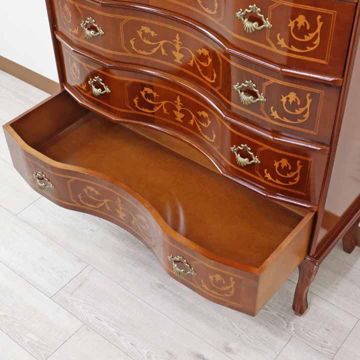 イタリア 5段 チェスト 茶 87cm 象嵌 ロココ調 家具 猫脚 完成品