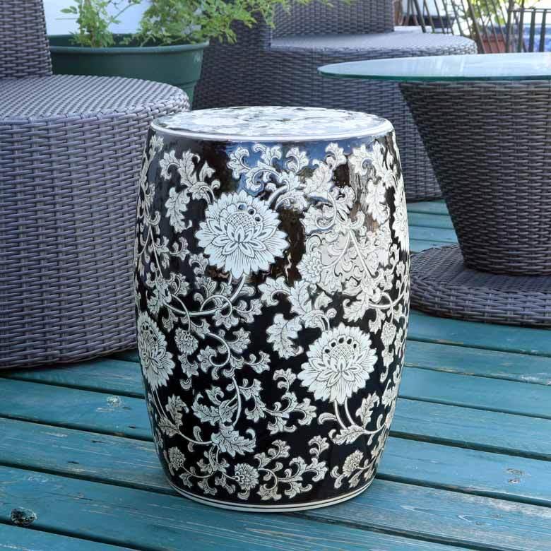 スツール 陶器 花台 洋蓮黒 花柄 台 プランター置き 椅子 イス チェア
