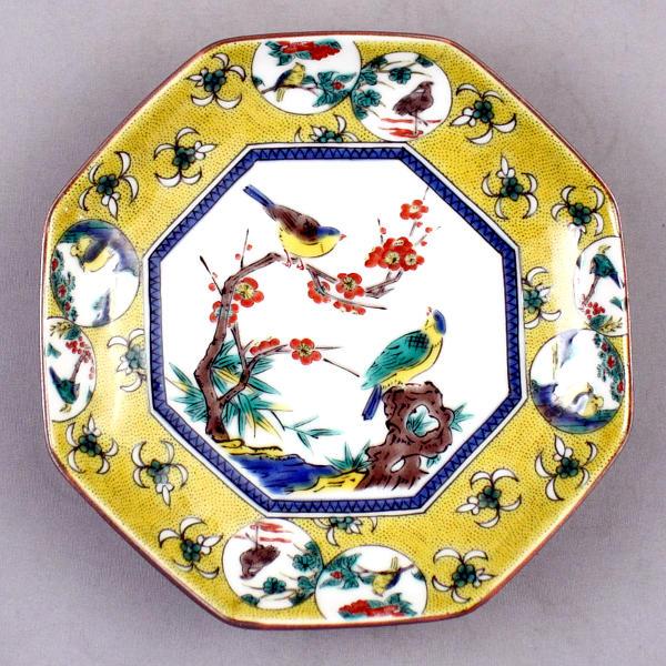 九谷焼 青郊窯4号八角皿揃（5枚セット）吉田屋風丸紋間取花鳥SK-021