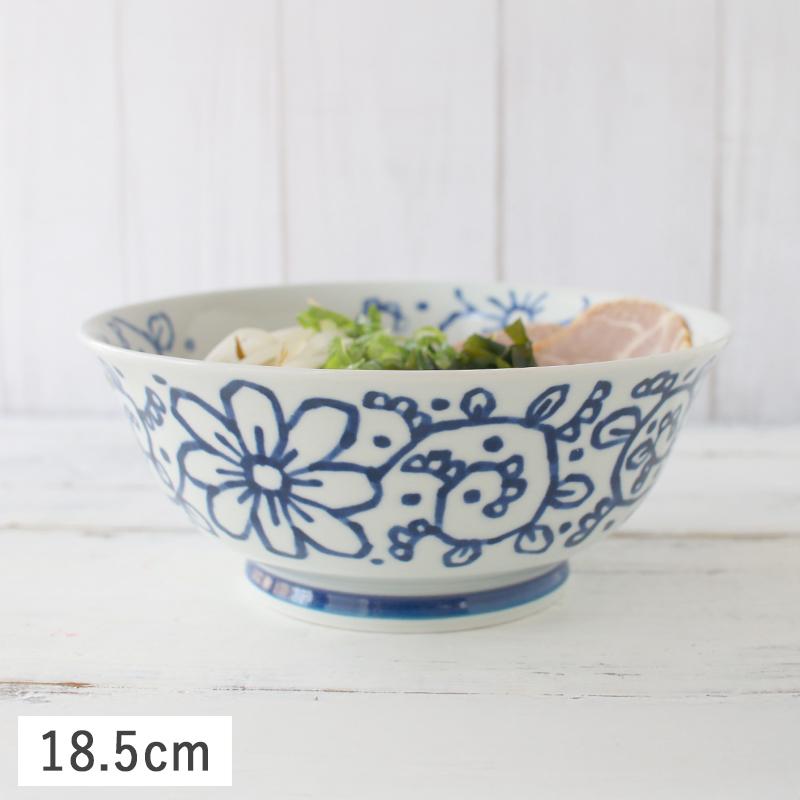 藍染花模様 ラーメン どんぶり 丼 18.5cm (軽量) 波佐見焼 // 食器