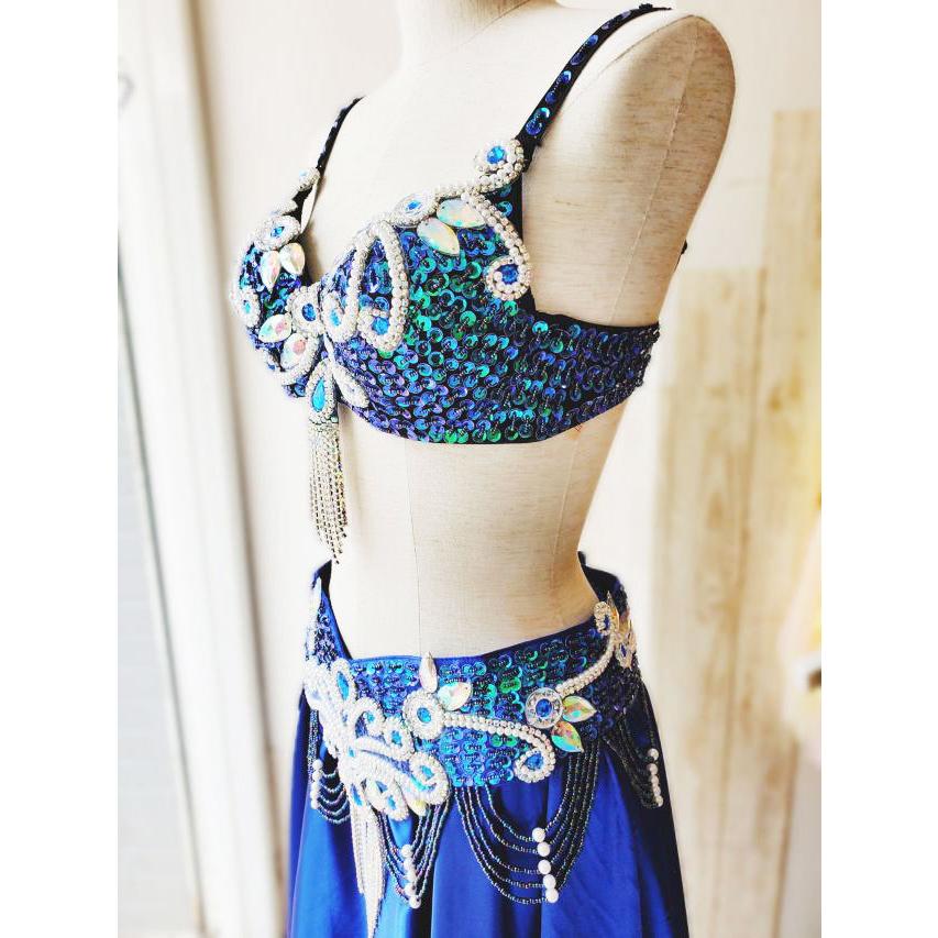 ベリーダンス 衣装 ブラ ベルト パール しずく 上下2点 セット 青
