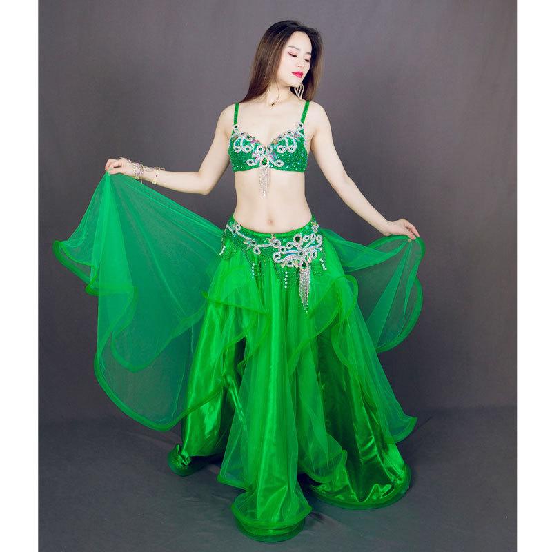 ベリーダンス 衣装 ブラ ベルト パール しずく 上下2点 セット 緑