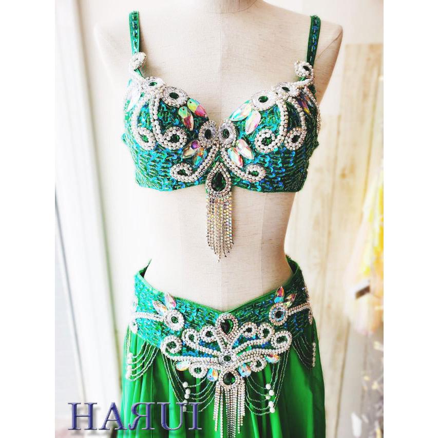 ベリーダンス 衣装 ブラ ベルト パール しずく 上下2点 セット 緑