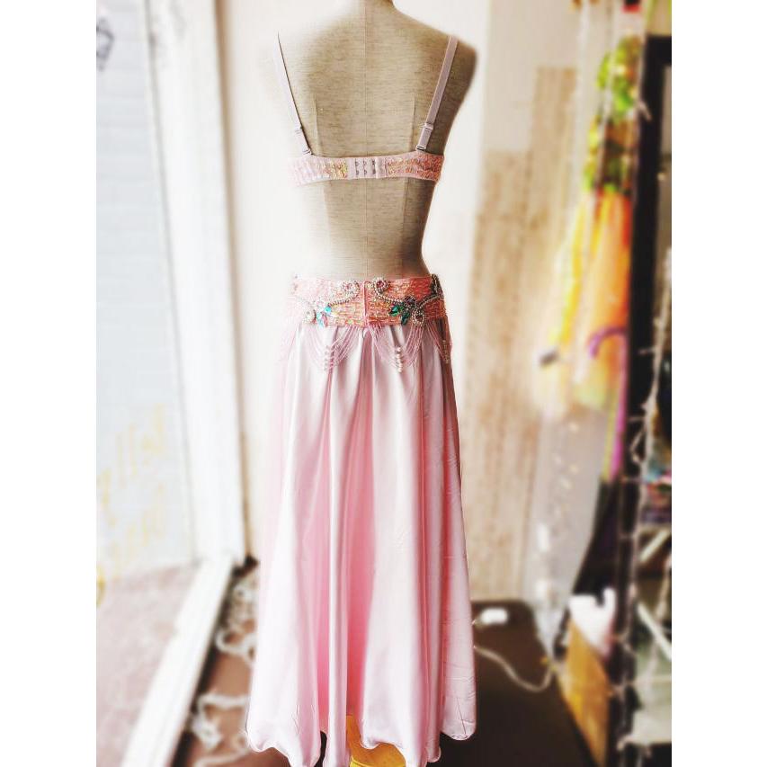 ベリーダンス 衣装 ブラ ベルト パール しずく 上下2点 セット ピンク