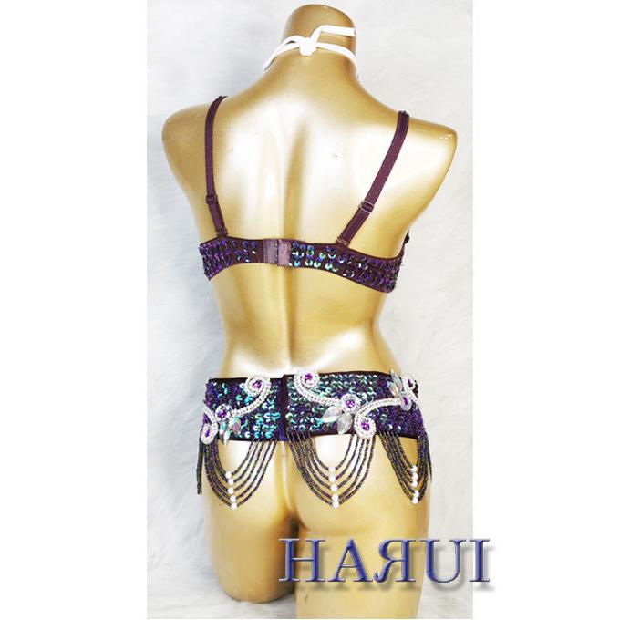 ベリーダンス 衣装 ブラ ベルト パール しずく 上下2点 セット 紫