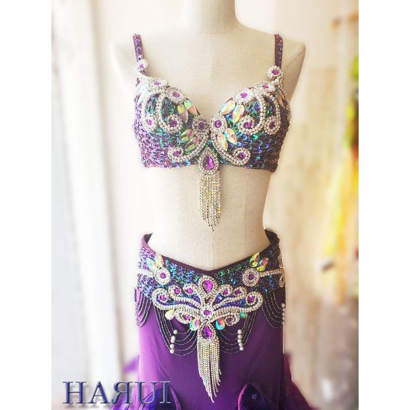 ベリーダンス 衣装 ブラ ベルト パール しずく 上下2点 セット 紫