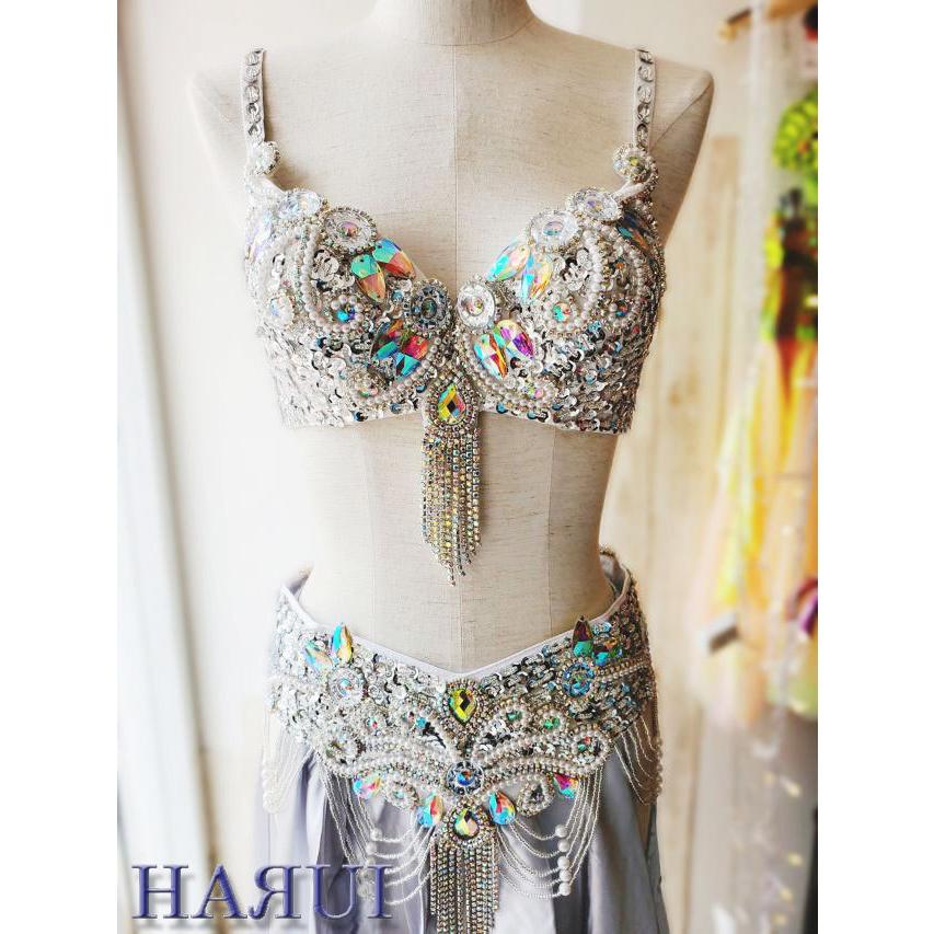 ベリーダンス 衣装 ブラ ベルト パール しずく 上下2点 セット